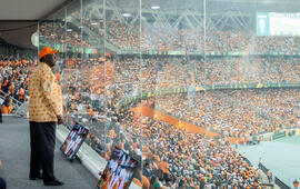 Le président Alassane Ouattara, à Ebimpé, dans le stade qui porte son nom