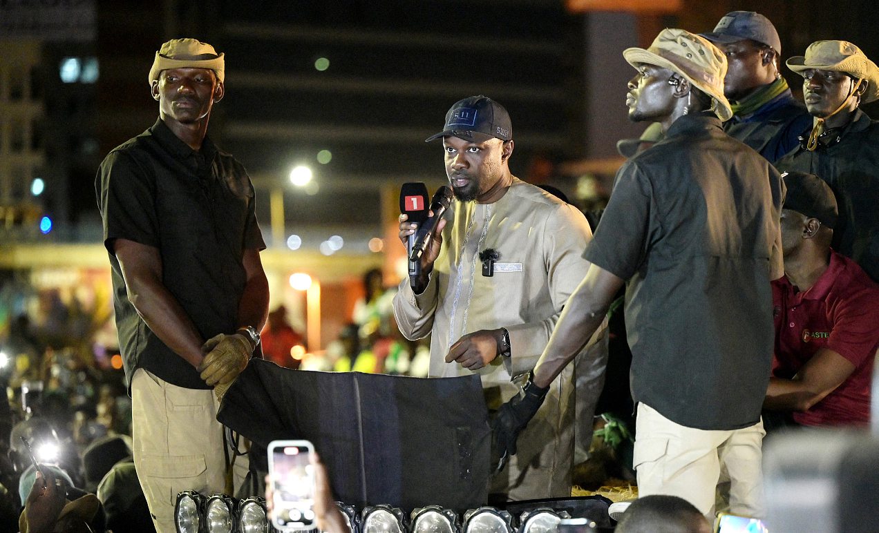 Le 12 novembre 2024, à Dakar, il donne un discours dans le cadre de la campagne des élections législatives.SEYLLOU/AFP