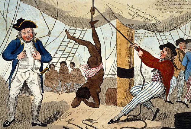 Gravure d’Isaac Cruikshank montrant le capitaine John Kimber et une jeune fille qu’il aurait fouettée à mort sur le pont du Recovery. DR