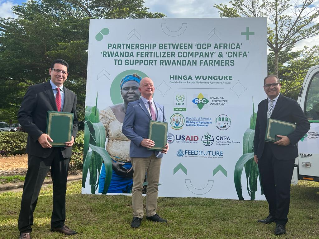 Left to right: Youssef Lahmiti, VP East Africa, OCP Africa, Daniel Gies, head of the CNFA party, and Dr. Anouar Jamali, CEO OCP Africa.