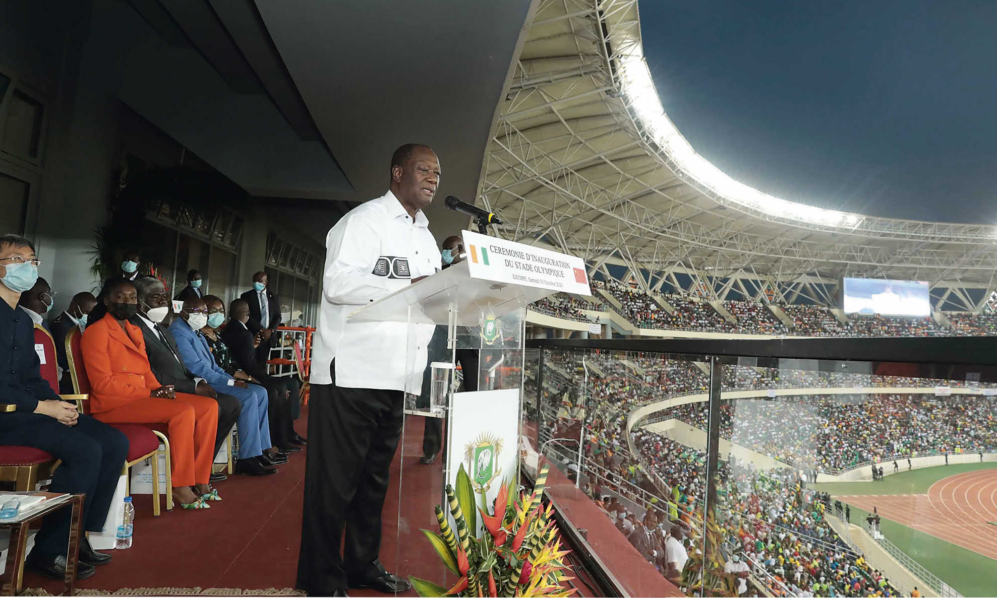 Le président Alassane Ouattara lors de l’inauguration du stade olympique d’Ébimpé, à Abidjan, le 3 octobre 2020.SEIBOU TRAORÉ