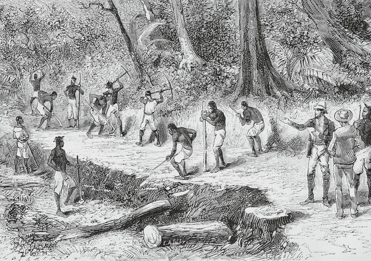 Gravure représentant la construction d’une route au Congo, à la fin du XIXe siècle. ALAMY