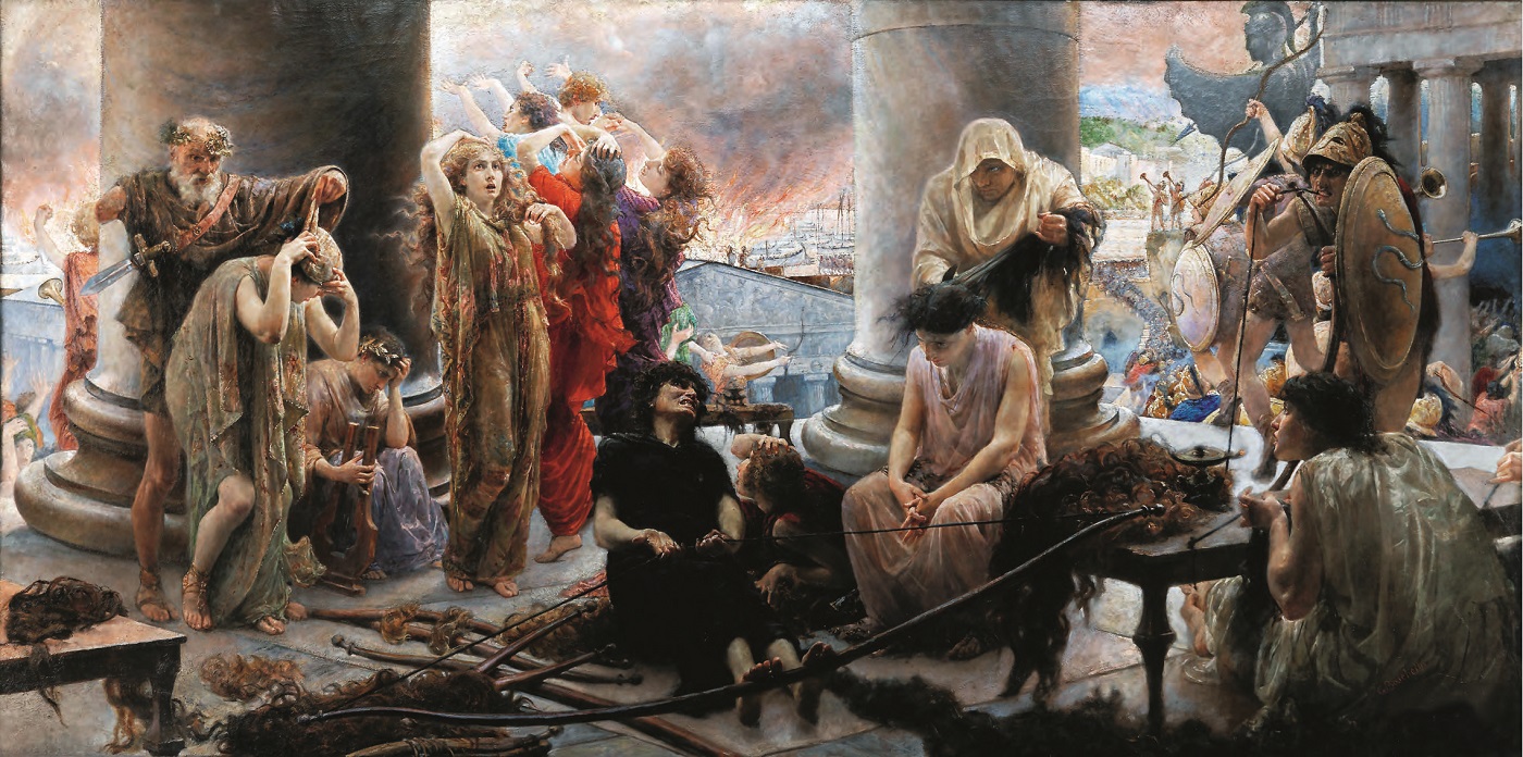 Dans Pro Patria Omnia (1865), le peintre italien Giuseppe Boschetto illustre la résistance des Carthaginoises qui se coupent les cheveux pour en faire des cordes d’arc. DR