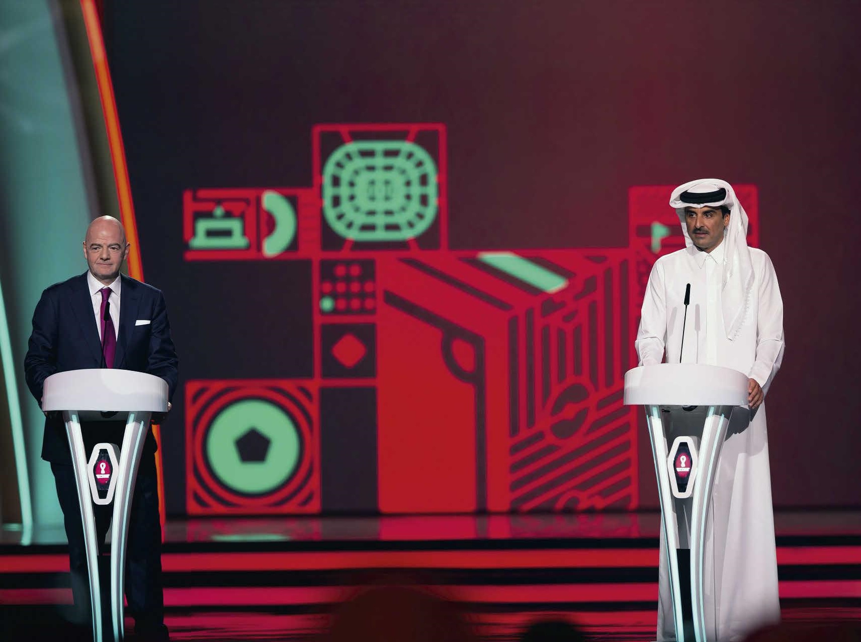 FIFA President Gianni Infantino and Emir Tamim bin Hamad Al Thani during the draw for the eight groups on April 1 in Doha. Ammar Abd Rabbo