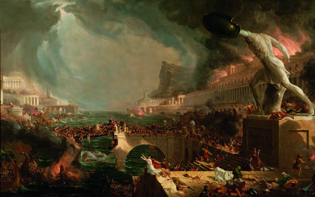 La Destruction (1836) fait partie d’un ensemble de cinq tableaux intitulé « Le Cours de l’empire », dans lequel le peintre américain Thomas Cole montre que tout empire, même très puissant, tend à la ruine. DR