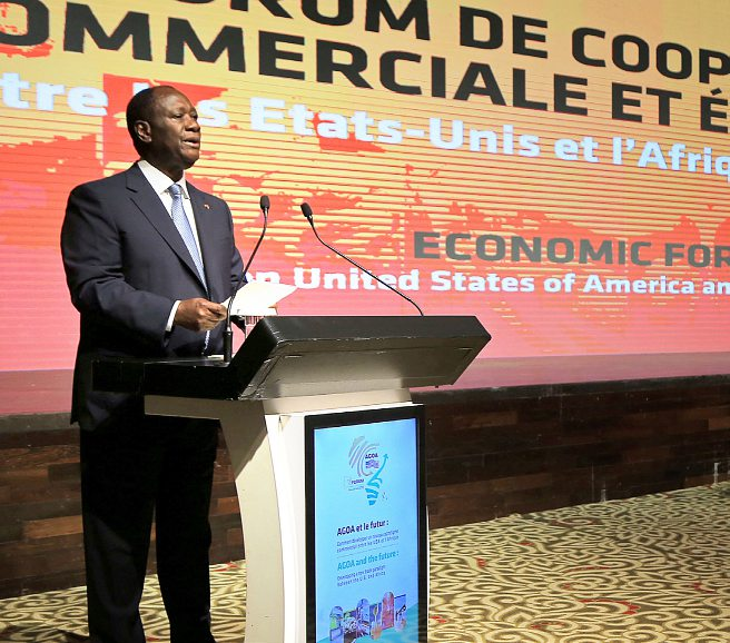 Le chef d’État ivoirien Alassane Ouattara s’exprime lors de l’ouverture du 18e forum de l’AGOA, à Abidjan, le 5 août 2019.REUTERS/THIERRY GOUEGNON