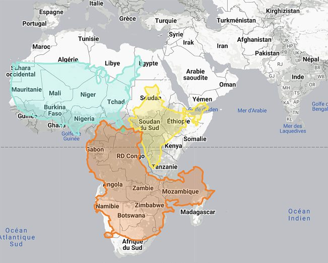 Le site The True Size permet de comparer la taille des pays entre eux. Ci-dessous, les États-Unis (bleu), l’Inde (jaune) et la Chine (orange) superposés à l’Afrique.https://thetruesize.com/