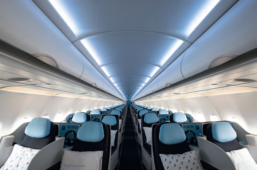 L’intérieur de l’Airbus A321 Neo de La Compagnie a été aménagé pour répondre à tous les standards de confort. DR