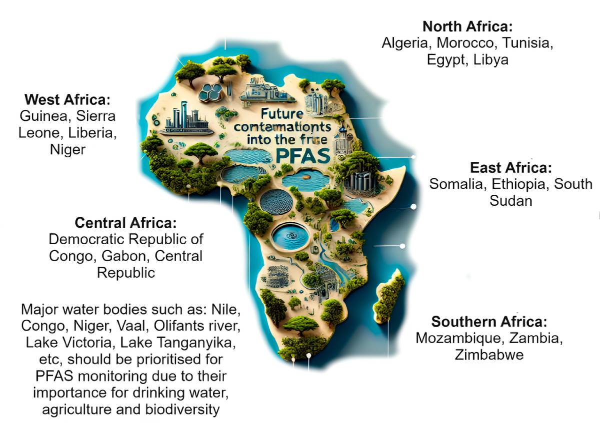 Légende : schéma, “Poly- and per-fluoroalkyl substances (PFAS) in the African environments: progress, challenges, and future perspectives”, Decembre 2024, Environmental Science and Pollution Research. DR