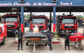 Les sapeurs-pompiers du Groupe de reconnaissance et d’intervention en milieu périlleux (GRIMP) appartenant à la deuxième compagnie d’incendie et de secours. Ici, devant leur caserne en Zone 4. Ils sont sur le front pour tout sauvetage d’urgence. NABIL ZORKOT