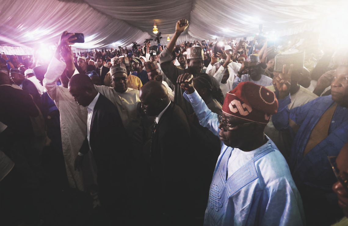 The new leader celebrating at campaign headquarters in Abuja on March 1. KOLA SULAIMON/AFP