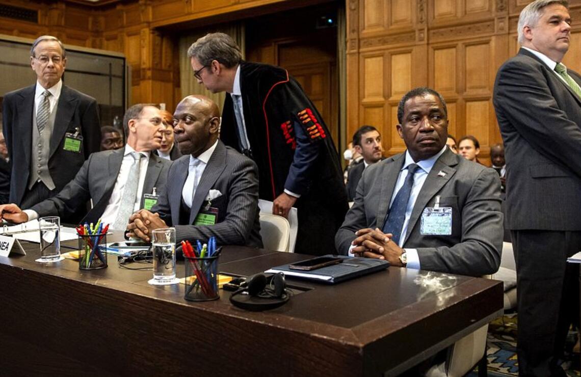 Guinée équatoriale-Gabon: bataille pour Corisco Début des audiences à la CIJ, à La Haye, en septembre 2024. Assis à droite, Domingo Mba Esono, ministre des Mines et des Hydrocarbures de la République de Guinée équatoriale. KOEN VAN WEEL/ANP MAG/ANP VIAAFP