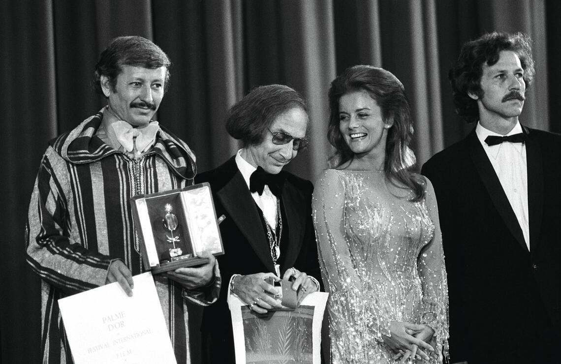 Mohamed Lakhdar-Hamina, Bob Fosse, l’actrice Ann-Margret, et Werner Herzog au Festival de Cannes, le 23 mai 1975. MICHEL GINFRAY