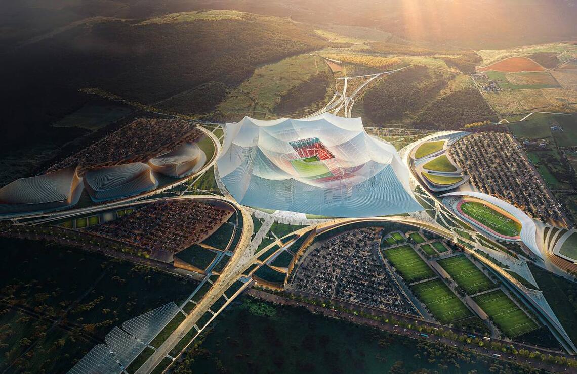 Maroc L'odyssée 2030 Le futur stade Hassan II, dont le design a été pensé par les architectes Tarik Oualalou et Linna Choi, associés au cabinet Populous. DR