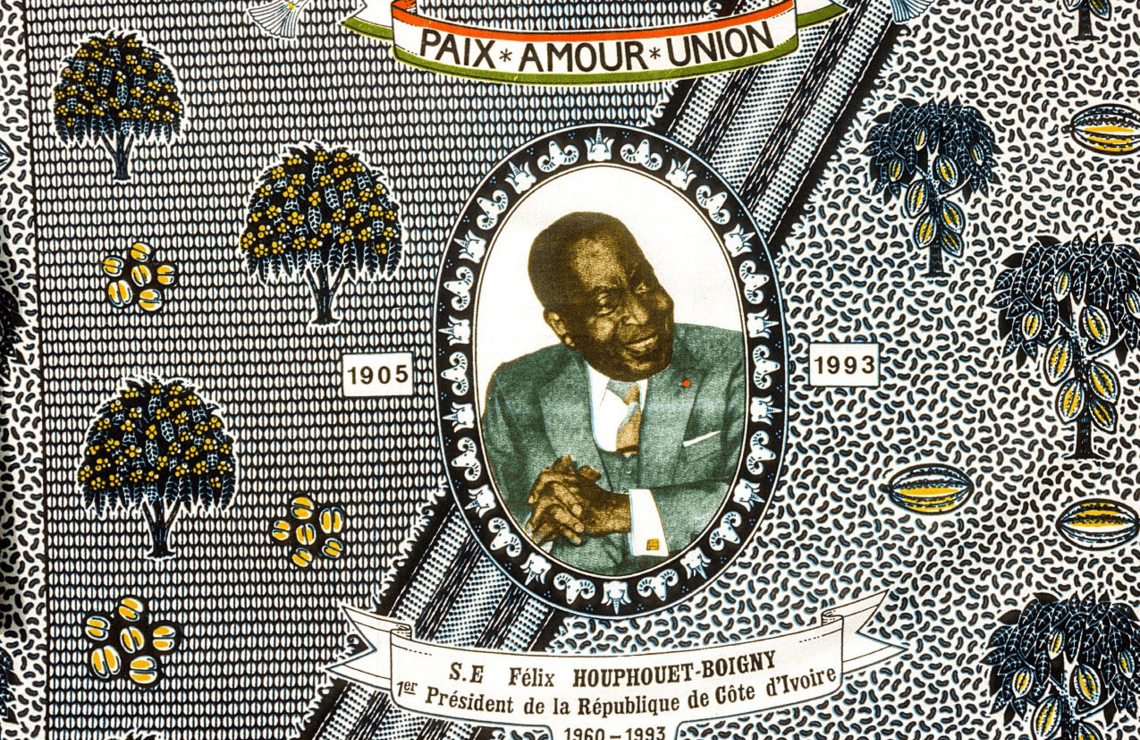 Pagne figurant le premier président de la République de Côte d’Ivoire, Félix Houphouët-Boigny. ALAMY