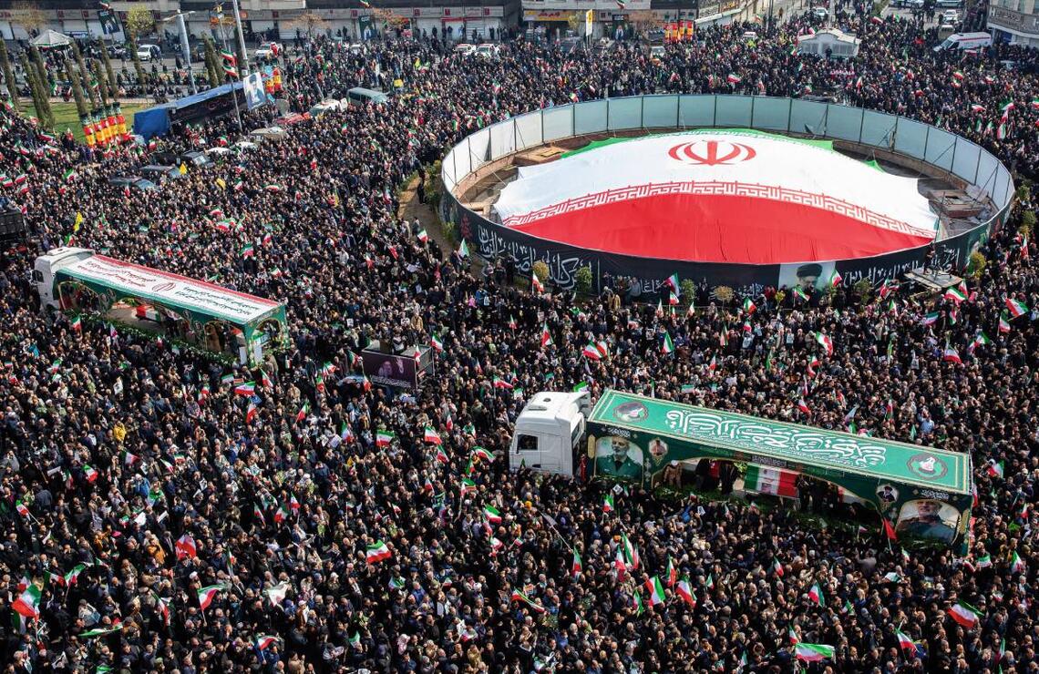 Funérailles à Téhéran de responsables militaires tués dans des frappes américano-israéliennes , le 11 mars 2025. ARASH KHAMOOSHI/POLARIS/STARFACE