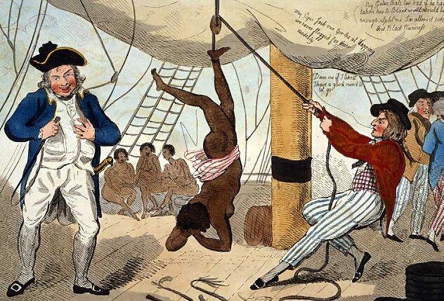 Gravure d’Isaac Cruikshank montrant le capitaine John Kimber et une jeune fille qu’il aurait fouettée à mort sur le pont du Recovery. DR