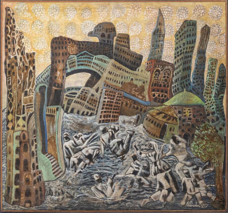 ©Werewere-Liking, Cité des Tsunamis, 137 x 147 cm, 2011. Photo : Issam Zejly - Suprême Communication. Courtesy of Werewere-Liking and Galerie Cécile Fakhoury