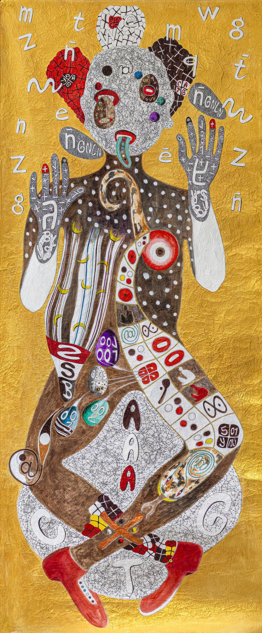 ©Ernest Dükü, <em>Dogonnoun shuffle @ A.A.A parole d'ombre</em>,&nbsp;250 x 100 cm, 2026. Photo : Issam Zejly - Suprême Communication. Courtesy of Ernest Dükü and Galerie Cécile Fakhoury