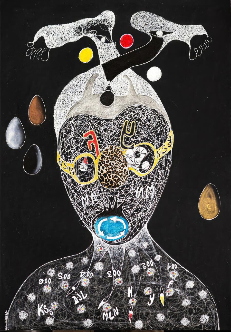 ©Ernest Dükü, Ö s'origine @ Decryptage du mystere AA Amuin Amon,&nbsp;100 x 70 cm,&nbsp;2026. Photo : Issam Zejly - Suprême Communication. Courtesy of Ernest Dükü and Galerie Cécile Fakhoury