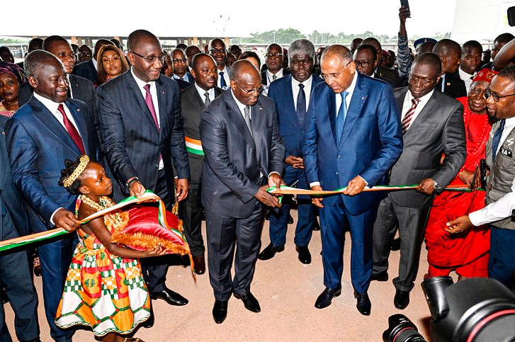Inauguration du Parc des expositions, le 17 juillet 2023, par le Premier ministre Patrick Achi, avec à gauche le président de l’Assemblée nationale Adama Bictogo, le ministre du Commerce, de l’Industrie et de la Promotion des PME Souleymane Diarrassouba et le vice-président Tiémoko Meyliet Koné.  ISSOUF SANOGO/AFP