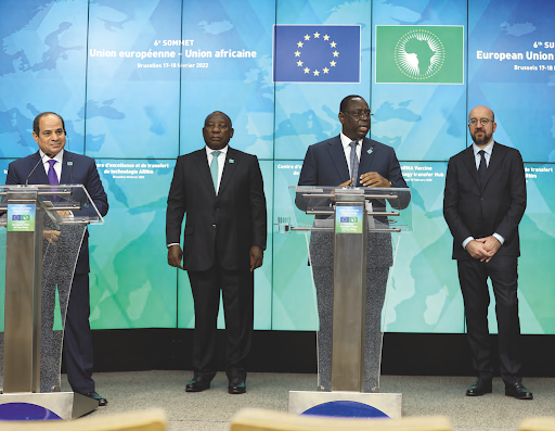 De gauche à droite, l’Égyptien Abdel Fattah al-Sissi, le Sud-Africain Cyril Ramaphosa, le Sénégalais et président en exercice de l’Union africaine Macky Sall et le président du Conseil européen Charles Michel, le 18 février dernier, à Bruxelles. XXXXXXXXXX De gauche à droite, l’Égyptien Abdel Fattah al-Sissi, le Sud-Africain Cyril Ramaphosa, le Sénégalais et président en exercice de l’Union africaine Macky Sall et le président du Conseil européen Charles Michel, le 18 février dernier, à Bruxelles. DURSUN AYDEMIR/POOL/HANS LUCAS